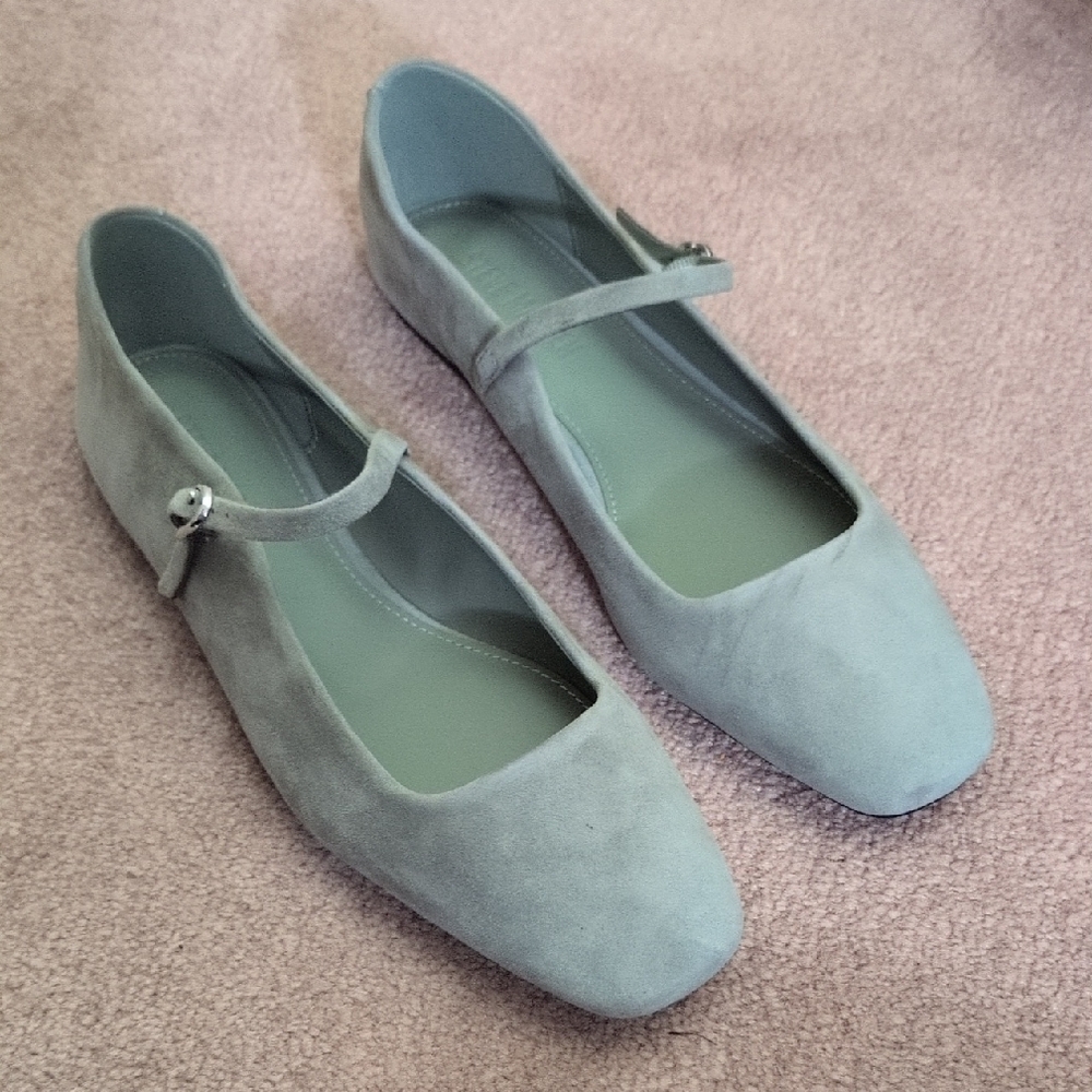 Gray Suede Mary Jane Flats with Square Toe
